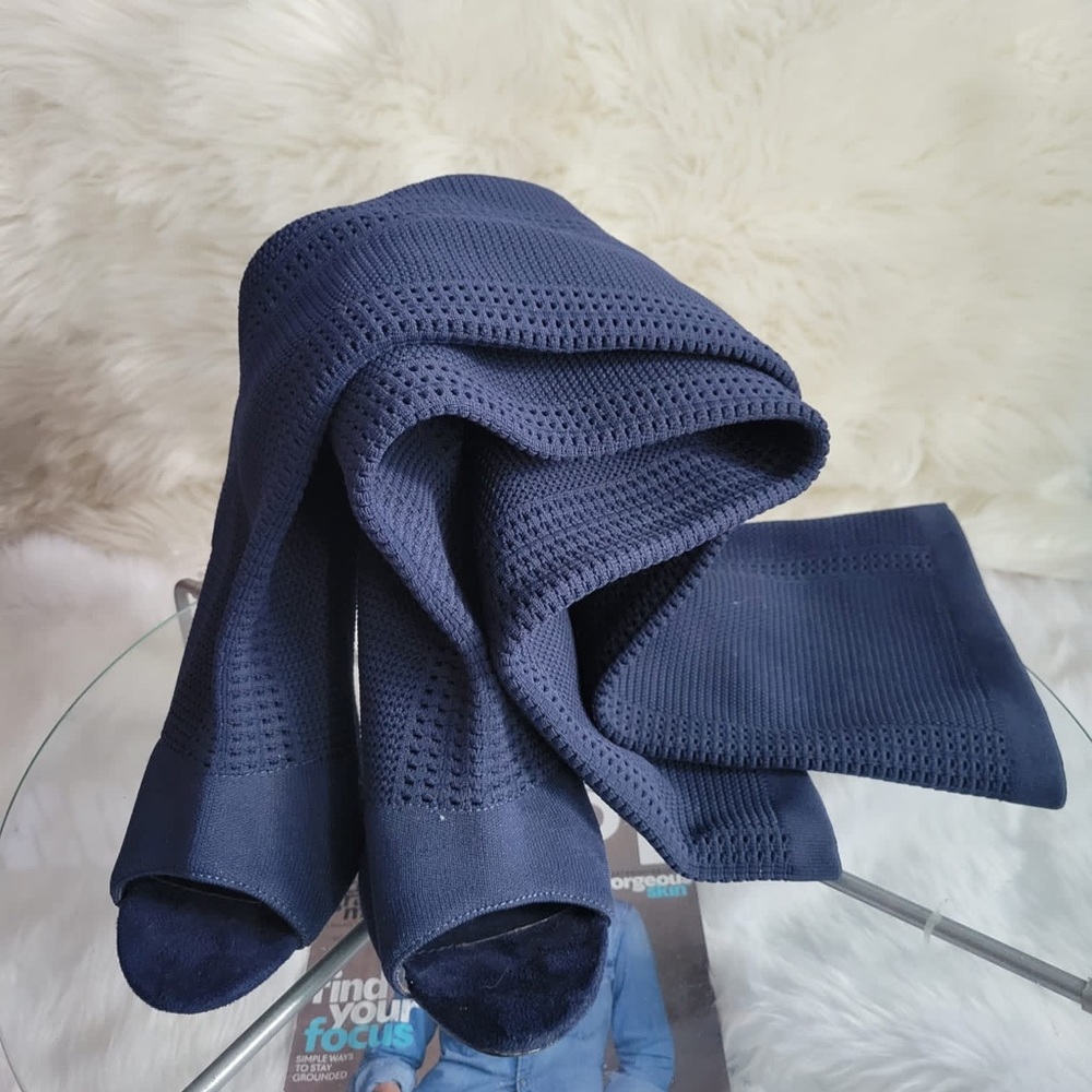SWING PEEP TOE OVER THE KNEE PLATFORM SOCK BOOT IN BLUE LYCRA